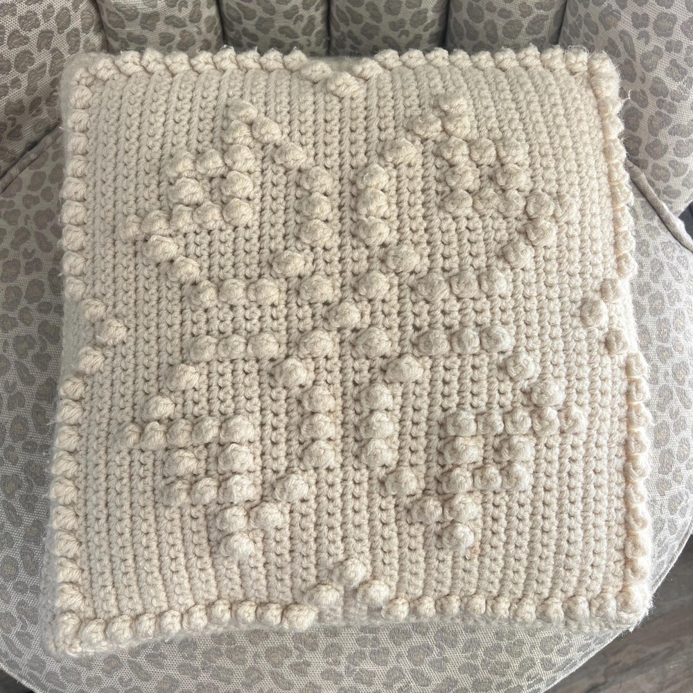 Handmade Crochet Tulip Pillow Cream Bobble Stitch Farmhouse Cottage Decor 13x13